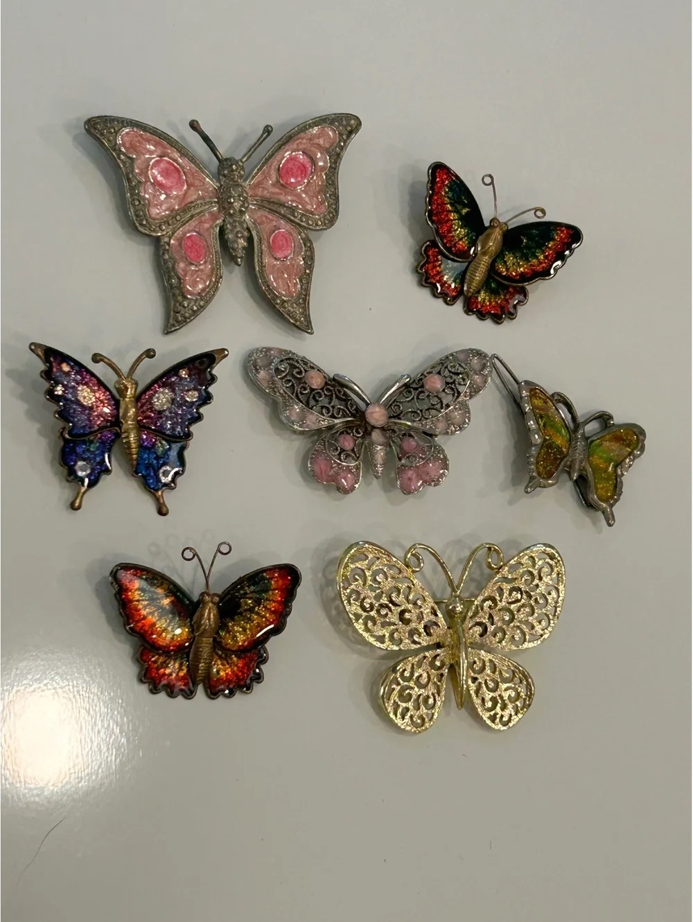 Vintage Butterfly Brooch Pin Lot 6 Pins 1 Hair Clip Enamel Filigree Rhinestone
